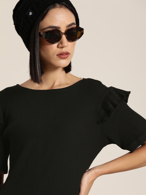 

Moda Rapido Women Black Solid Pure Cotton Top