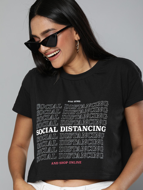 

HERE&NOW Women Black Printed Round Neck T-shirt