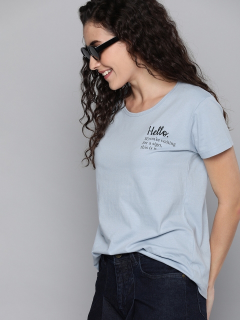 

HERE&NOW Women Blue Printed Round Neck T-shirt