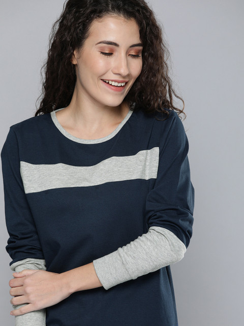 

HERE&NOW Women Navy Blue Striped Round Neck T-shirt