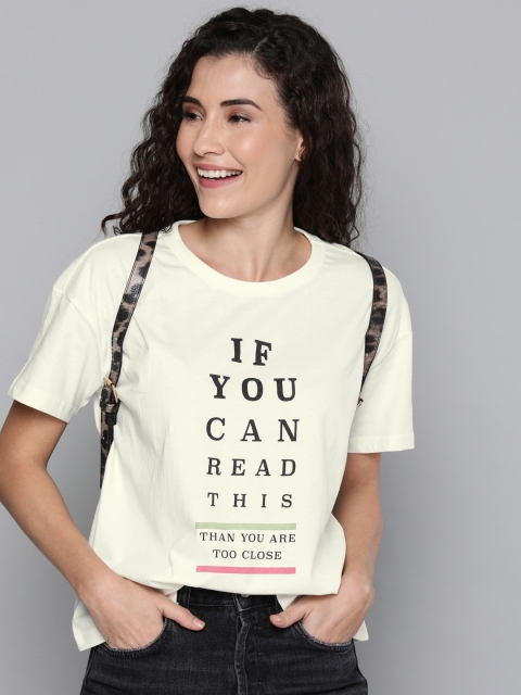 

HERE&NOW Women Off-White Printed Round Neck T-shirt