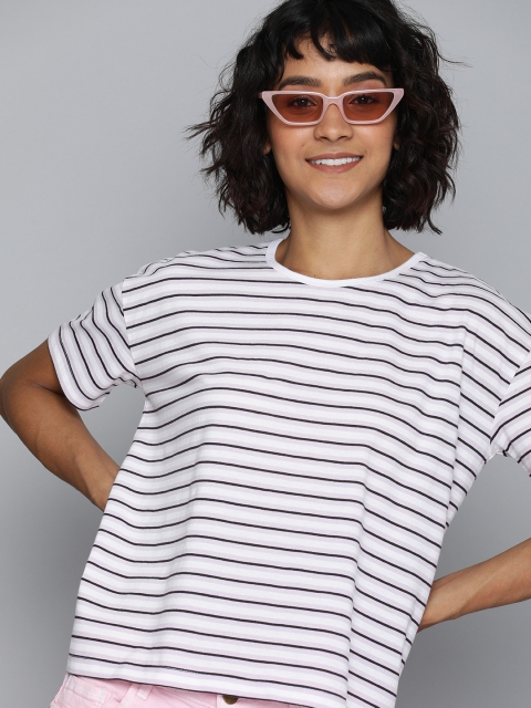 

HERE&NOW Women White & Black Striped Round Neck T-shirt