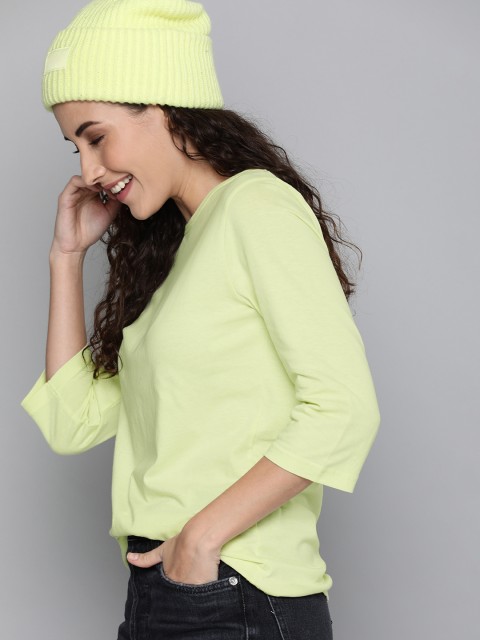 

HERE&NOW Women Lime Green Solid Round Neck T-shirt