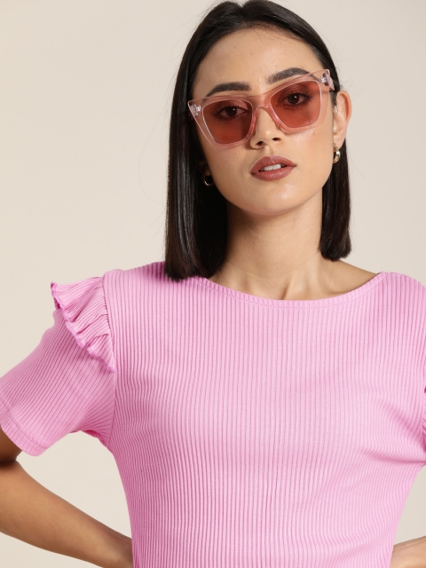

Moda Rapido Women Pink Self Design Pure Cotton Top