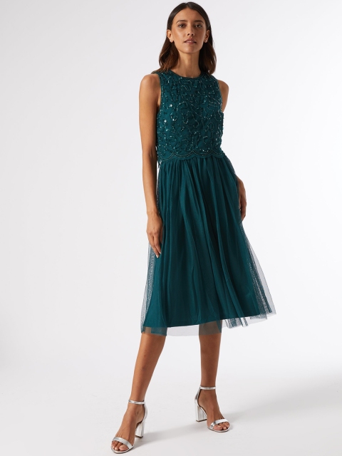 

DOROTHY PERKINS Women Teal Green Net Embellished A-Line Dress