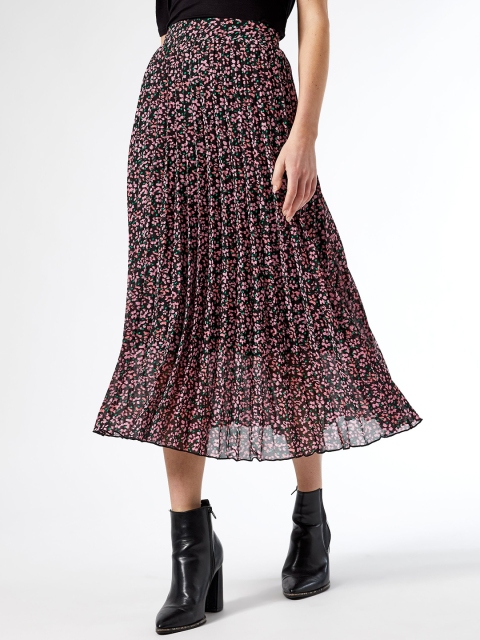 

DOROTHY PERKINS Women Black & Pink Floral Print Accordian Pleated A-Line Skirt