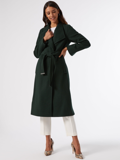 

DOROTHY PERKINS Women Green Solid Glossy Popper Funnel Wrap Coat