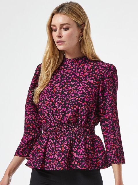 

DOROTHY PERKINS Women Black & Pink Floral Printed Cinched Waist Top