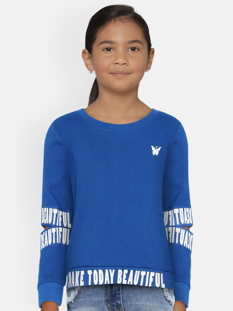 

UNDER FOURTEEN ONLY Girls Blue Self Design Sweatshirt