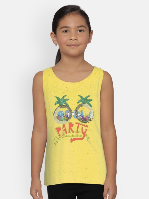 

UNDER FOURTEEN ONLY Girls Yellow Printed Styled Back Top