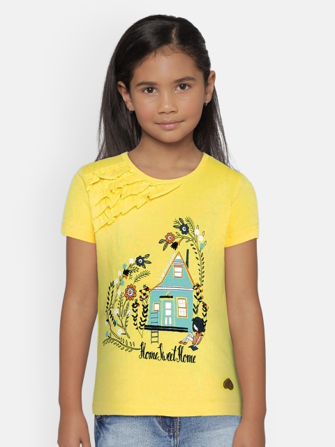 

UNDER FOURTEEN ONLY Girls Yellow Printed Round Neck T-shirt