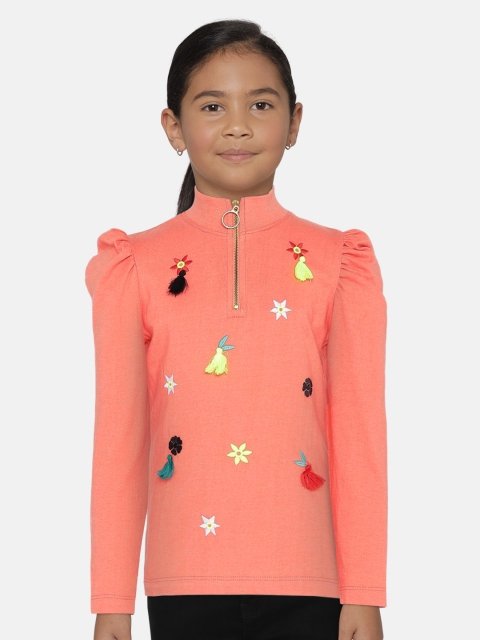 

UNDER FOURTEEN ONLY Girls Peach-Coloured Embroidered Top