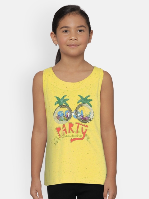 

UNDER FOURTEEN ONLY Girls Yellow Printed Styled Back Pure Cotton Top