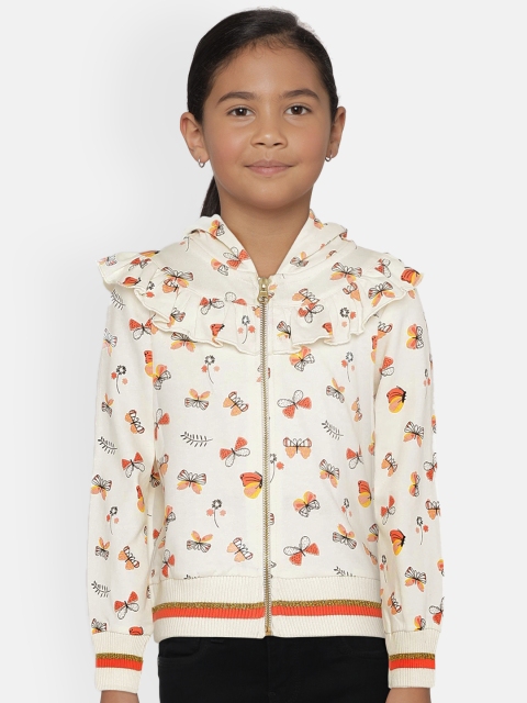 

UNDER FOURTEEN ONLY Girls Off-White & Orange Printed Hooded Sweatshirt