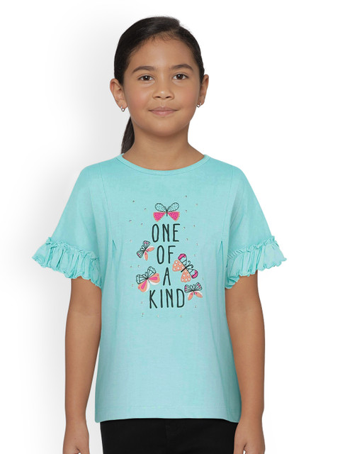 

UNDER FOURTEEN ONLY Girls Turquoise Blue Printed Round Neck T-shirt