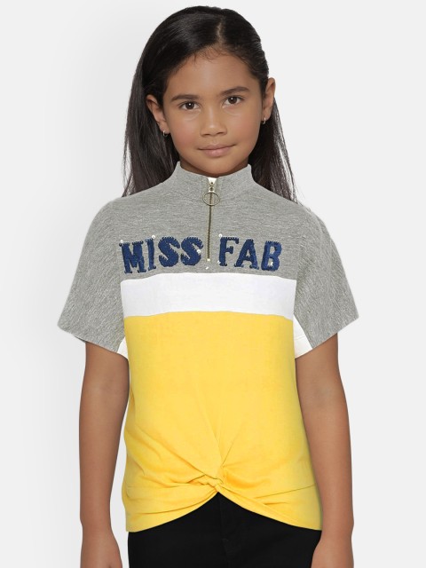 

UNDER FOURTEEN ONLY Girls Yellow & Grey Colourblocked T-shirt