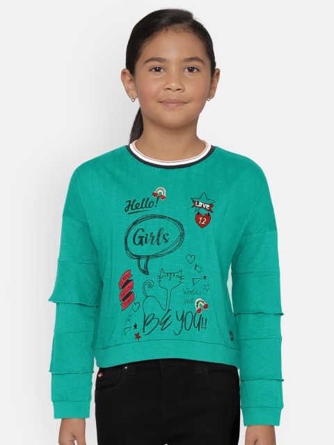 

UNDER FOURTEEN ONLY Girls Green Printed Round Neck T-shirt
