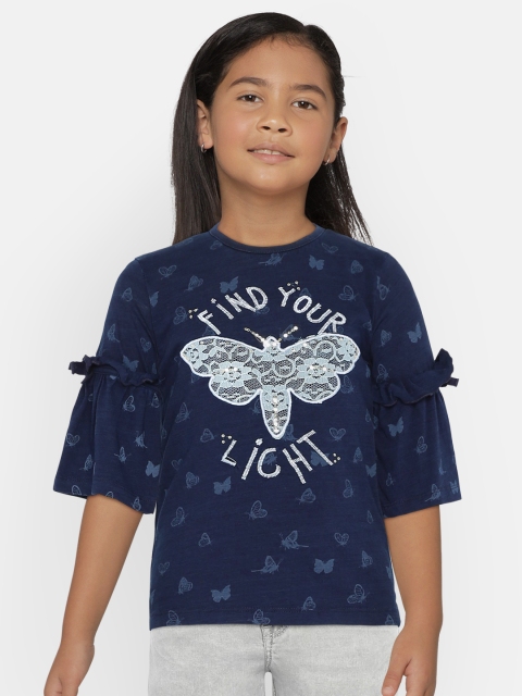 

UNDER FOURTEEN ONLY Girls Navy Blue Printed Pure Cotton Top