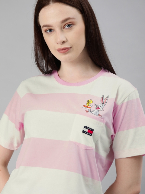 

Tommy Hilfiger Women Pink Striped Round Neck T-shirt