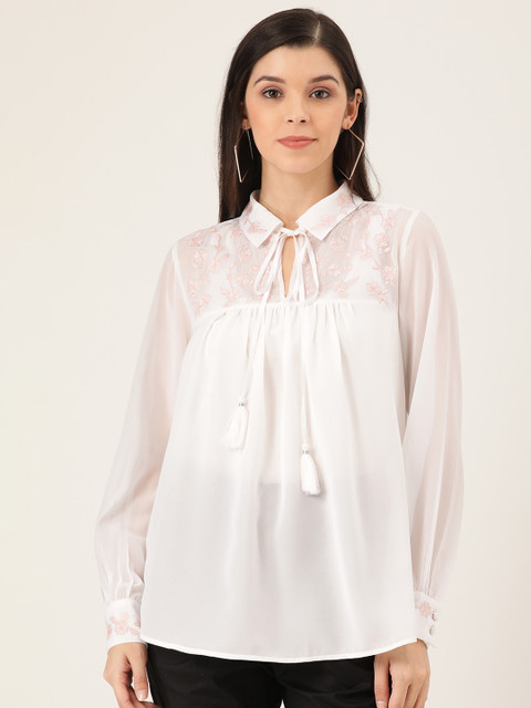 

QUIERO Women White Solid Sheer Shirt Style Top