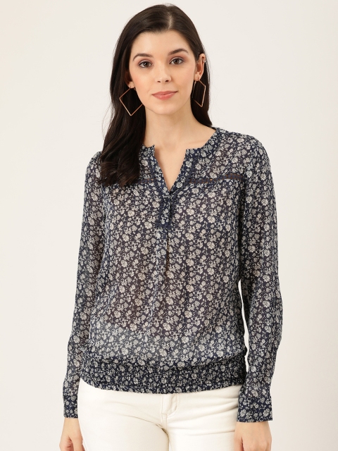 

QUIERO Women Navy Blue & Off-White Floral Printed Top