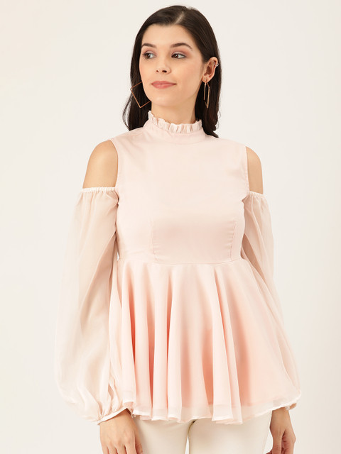 

QUIERO Women Pink Solid Cold-Shoulder A-Line Top