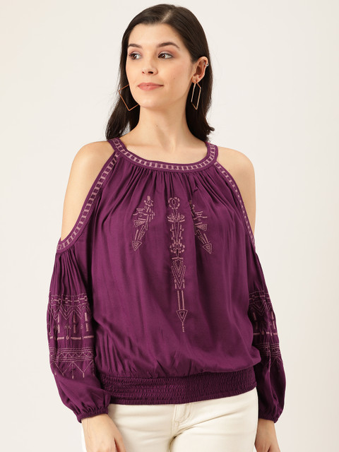 

QUIERO Women Purple Embroidered Blouson Top