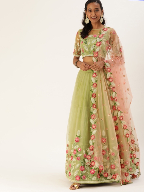 

panchhi Green & Pink Embroidered Semi-Stitched Lehenga & Unstitched Blouse with Dupatta