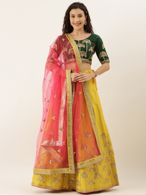 

panchhi Yellow & Rose Embroidered Semi-Stitched Lehenga & Unstitched Blouse with Dupatta