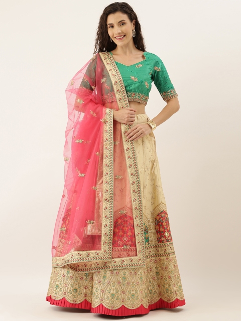 

panchhi Cream-Coloured & Sea Green Embroidered Semi-Stitched Lehenga & Unstitched Blouse with Dupatta