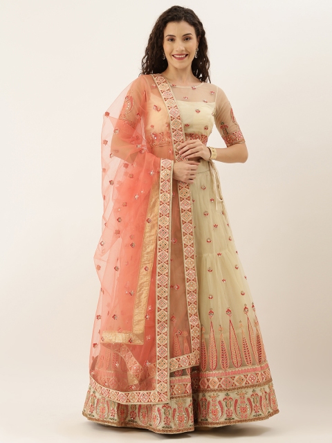 

panchhi Cream-Coloured & Peach-Coloured Embroidered Semi-Stitched Lehenga & Unstitched Blouse with Dupatta