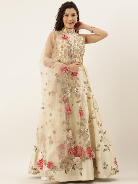 

panchhi Beige & Pink Embroidered Semi-Stitched Lehenga & Unstitched Blouse with Dupatta
