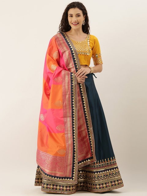 

panchhi Teal Blue & Yellow Semi-Stitched Lehenga & Unstitched Blouse with Dupatta