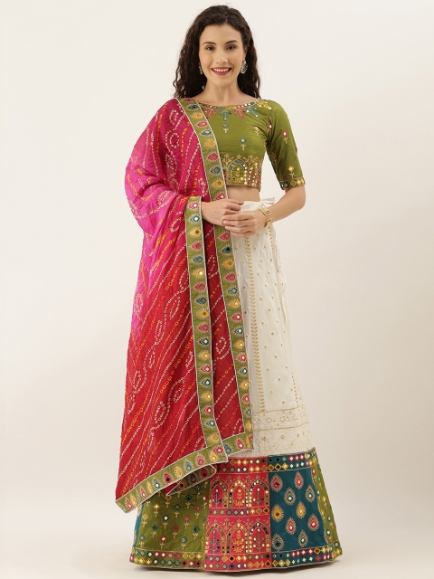 

panchhi White & Olive Green Embroidered Semi-Stitched Lehenga & Unstitched Blouse with Dupatta