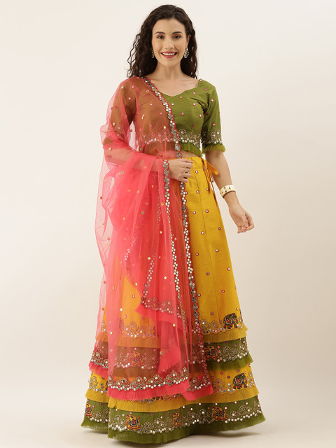 

panchhi Mustard & Green Embroidered Semi-Stitched Lehenga & Unstitched Blouse with Dupatta