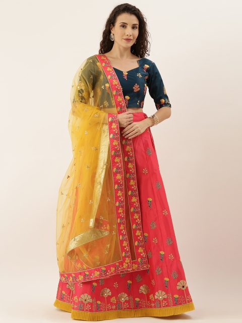 

panchhi Red & Navy Blue Embroidered Semi-Stitched Lehenga & Unstitched Blouse with Dupatta