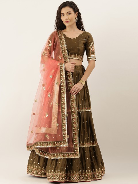 

panchhi Olive Brown Embellished Semi-Stitched Tiered Lehenga & Blouse with Dupatta
