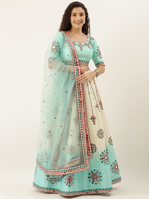 

panchhi Off-White & Sea Green Embroidered Semi-Stitched Lehenga & Unstitched Blouse with Dupatta