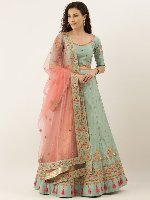 

panchhi Sea Green & Pink Embroidered Semi-Stitched Lehenga & Unstitched Blouse with Dupatta