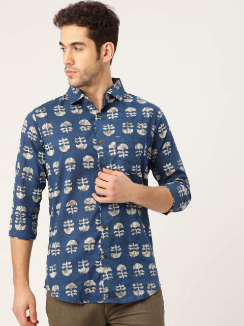 

Tistabene Men Navy Blue & Grey Slim Fit Handblock Print Casual Shirt