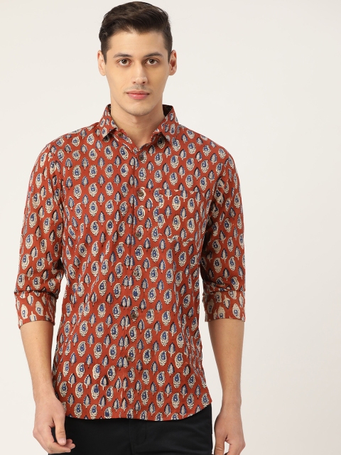 

Tistabene Men Rust Red & Blue Slim Fit Leaf Block Print Casual Shirt