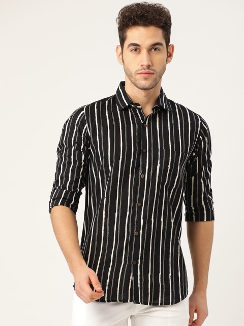 

Tistabene Men Black & White Slim Fit Striped Block Print Casual Shirt