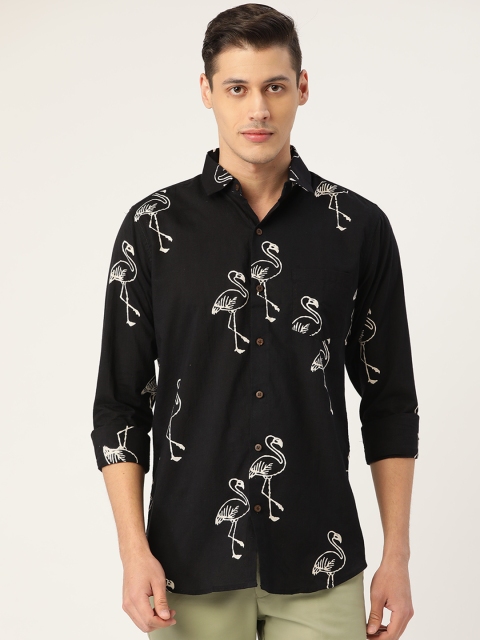 

Tistabene Men Black & White Slim Fit Flamingo Block Print Casual Shirt