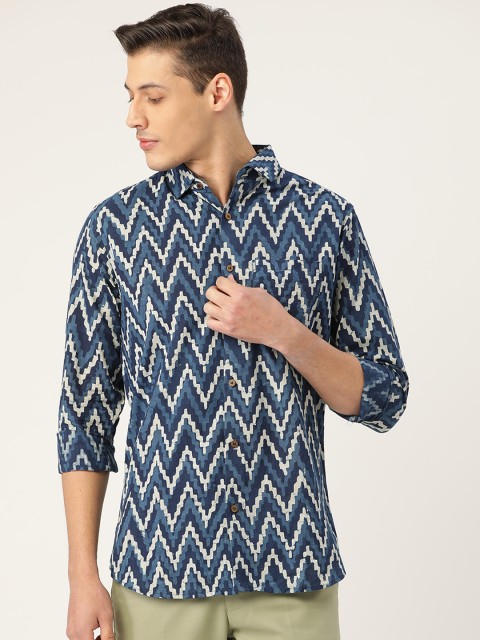 

Tistabene Men Blue & Off-White Slim Fit Indigo Block Print Casual Shirt
