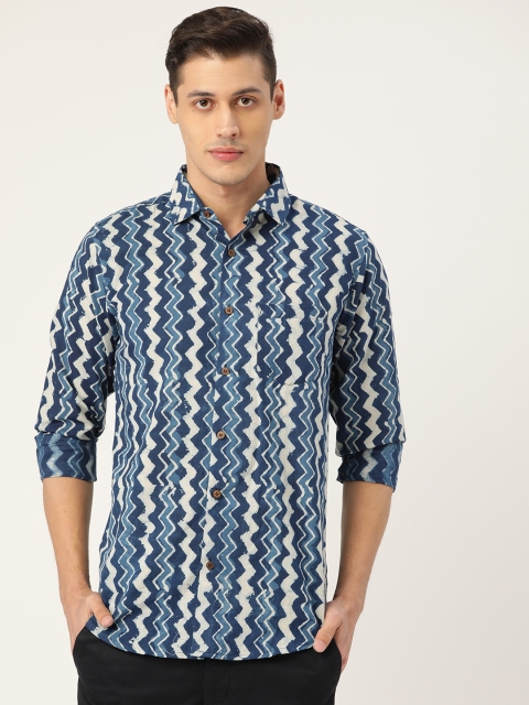 

Tistabene Men Blue & White Slim Fit Chevron Block Print Casual Shirt