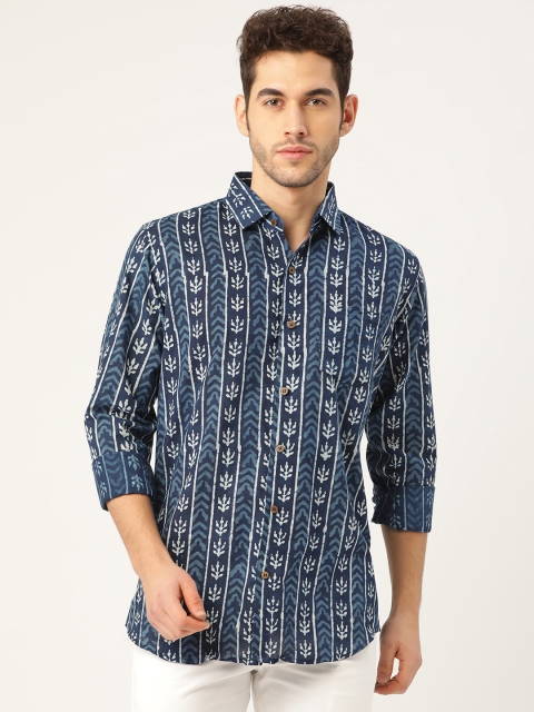 

Tistabene Men Blue Comfort Slim Fit Indigo Block Print Casual Shirt