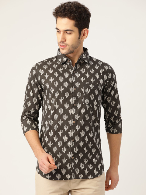 

Tistabene Men Charcoal Grey & Off White Comfort Slim Fit Cactus Block Print Casual Shirt