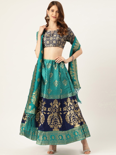 

Mitera Teal & Navy Blue Woven Design Semi-Stitched Lehenga & Unstitched Blouse with Dupatta