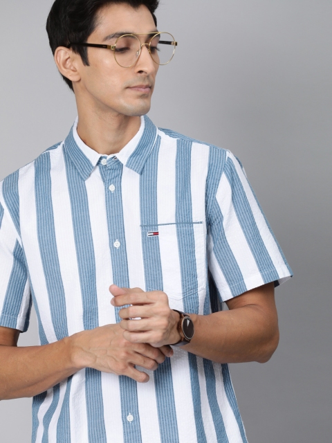 

Tommy Hilfiger Men Blue & White Striped Regular Fit Casual Shirt