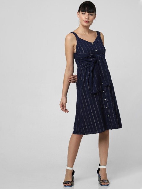 

Vero Moda Women Navy Blue & Silver-Toned Striped Smocked A-Line Dress with Tie-Ups